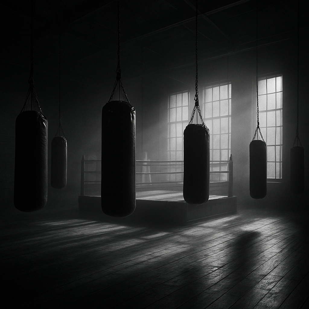 Vintage boxing gym interior with heavy bags and a ring